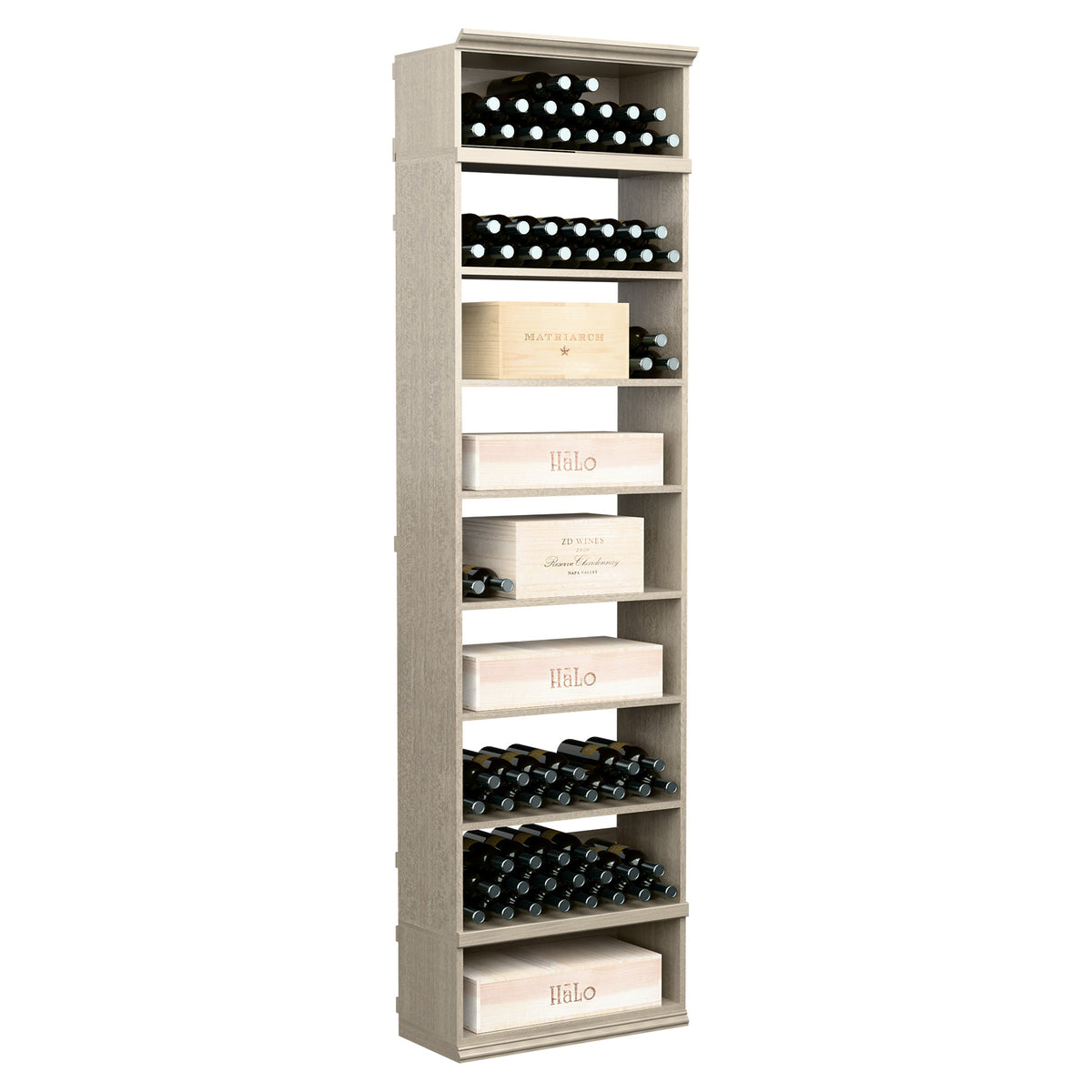 Tall rectangular wine storage cabinet in white finish with multiple bottle rows and cubbies