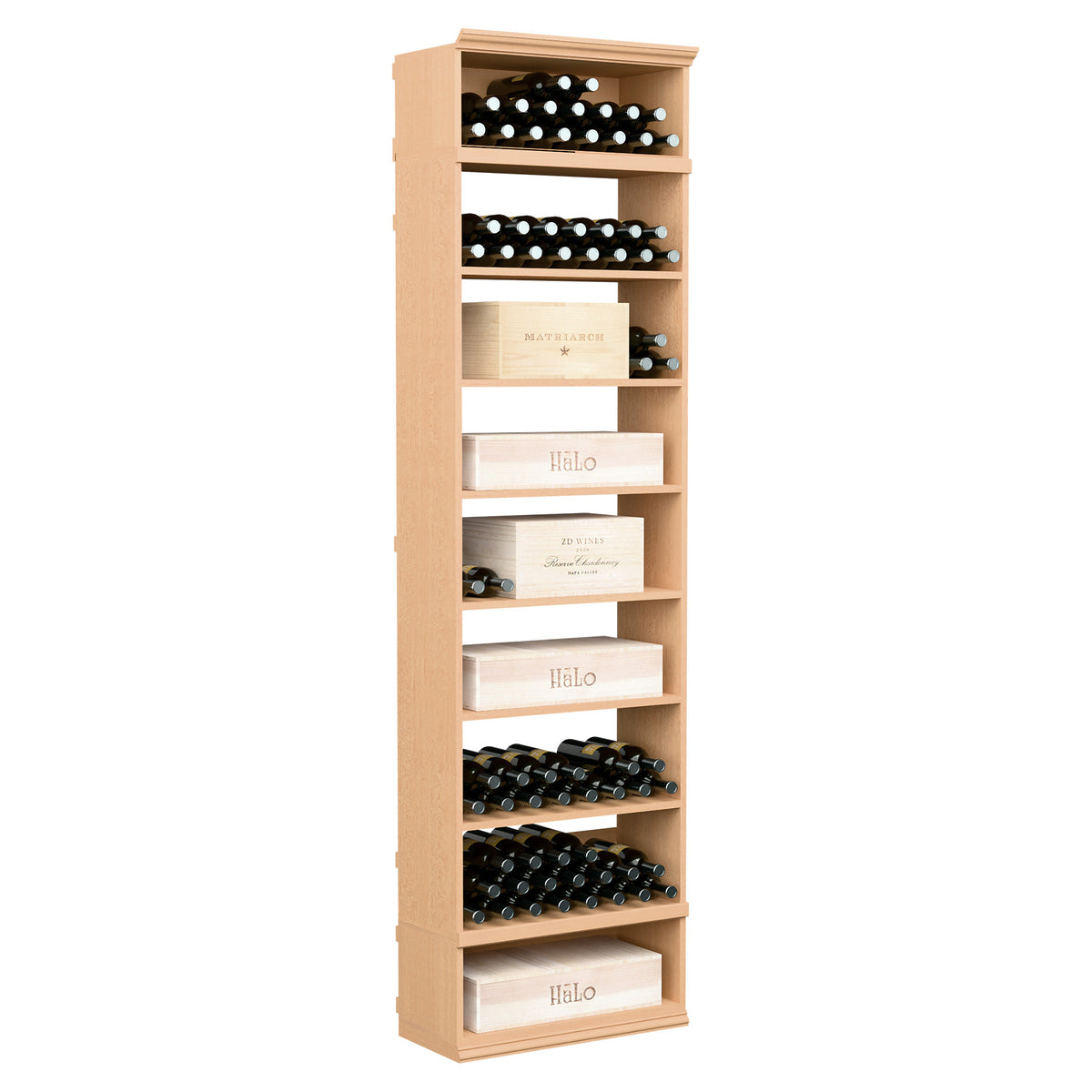 Light wood wine storage cabinet with open shelves holding wine bottles and small boxes