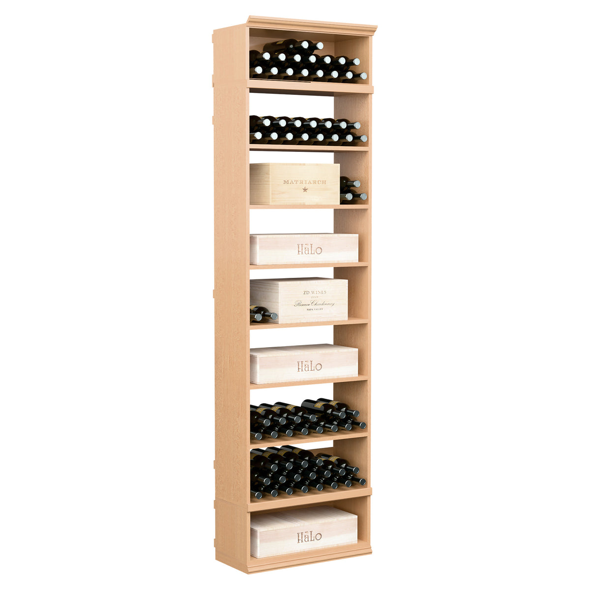Natural wood wine storage cabinet with open cubbies, bottle rows, and stacked cases