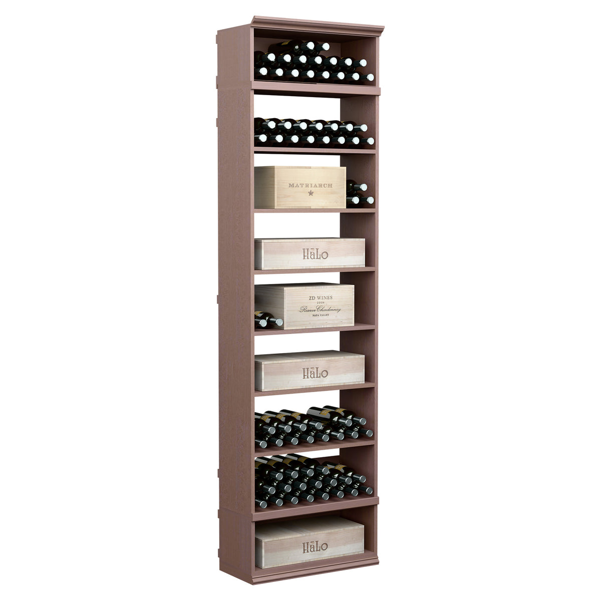 Dark wood wine storage cabinet with open cubbies and tiered wine bottle shelves