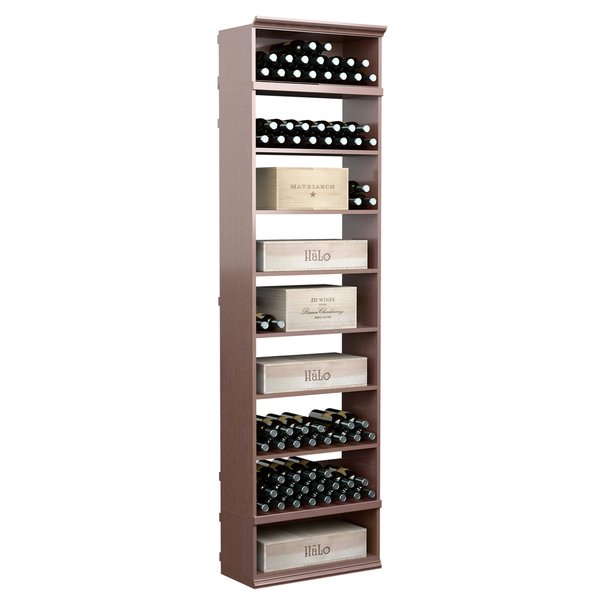 Espresso-toned wood wine storage cabinet with bottle rows, open shelves, and cubbies