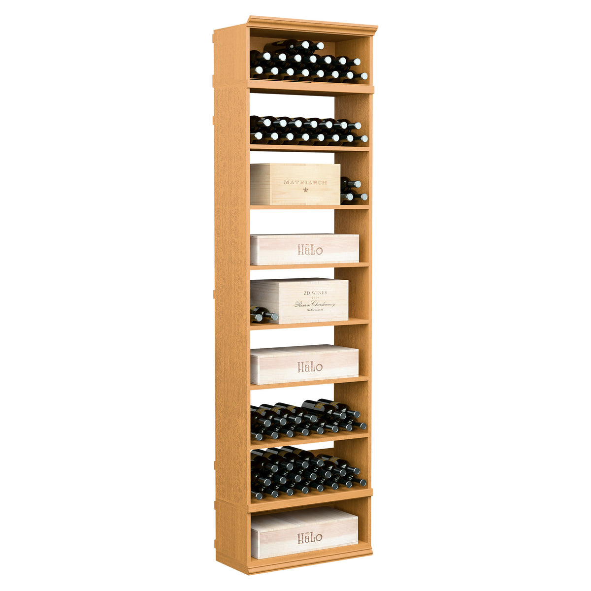 Honey-toned wood wine storage cabinet with open shelves and rows of wine bottles