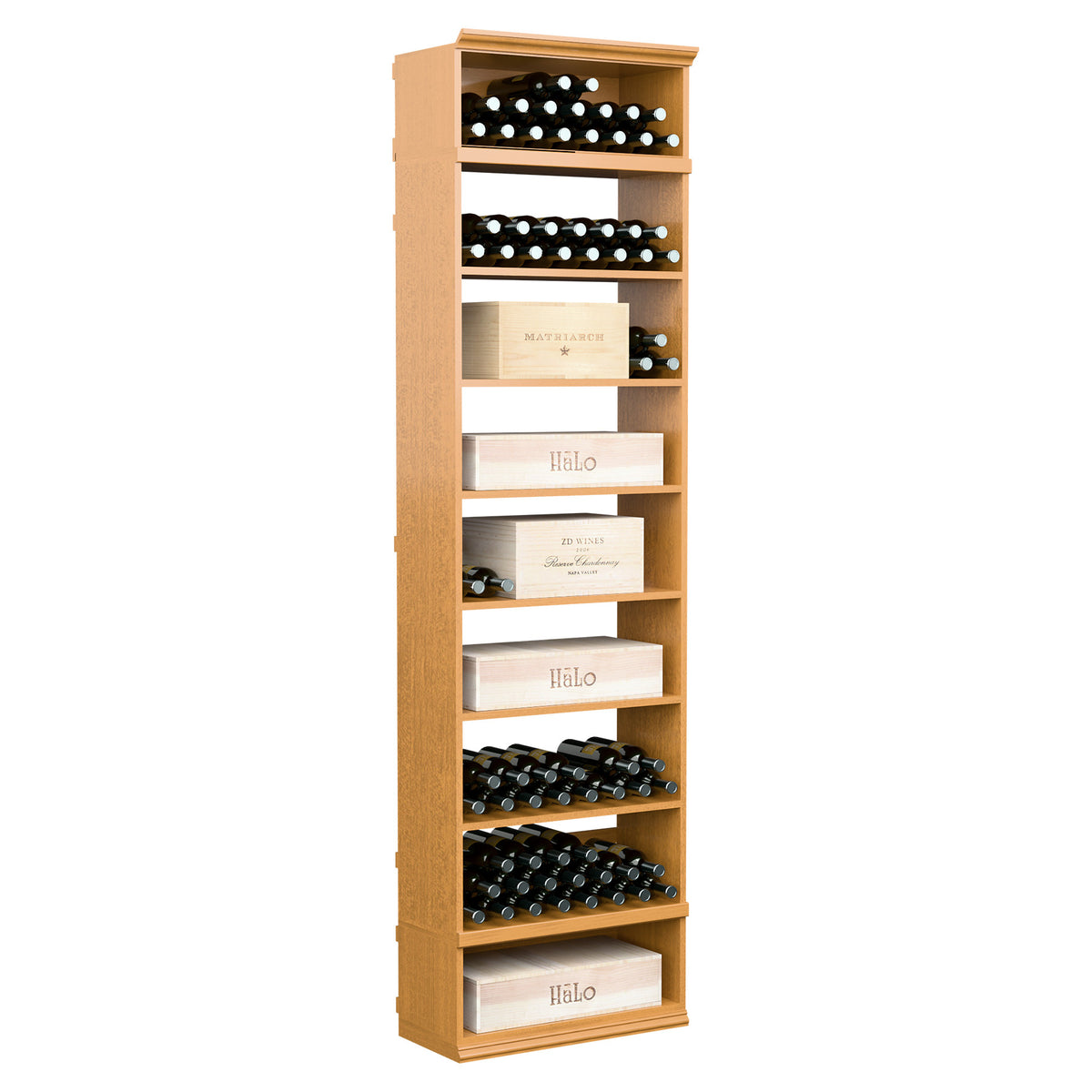 Warm light-wood wine storage cabinet with cubbies, bottle racks, and small storage bins