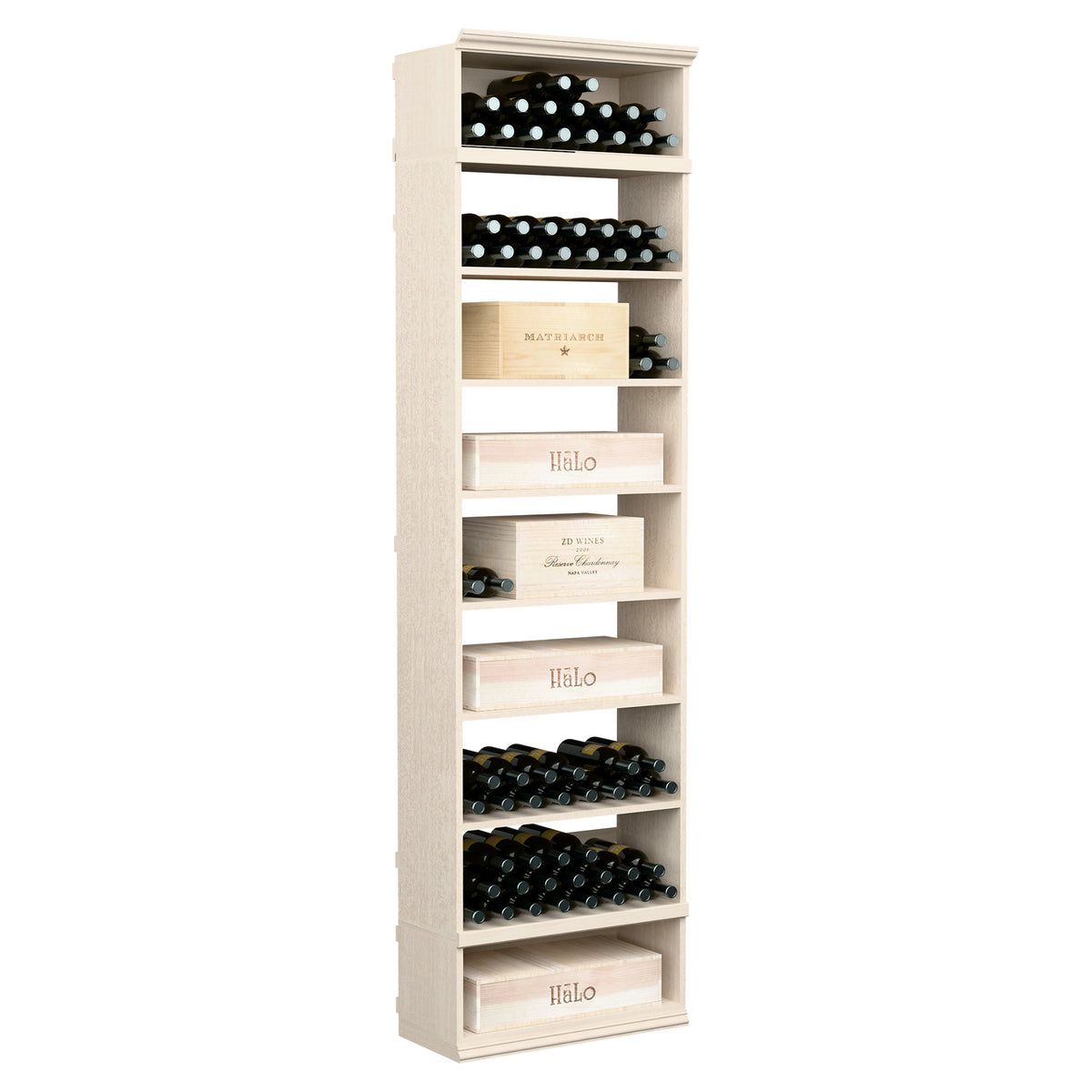 Cream white wood wine storage cabinet with open shelves and rows of wine bottles