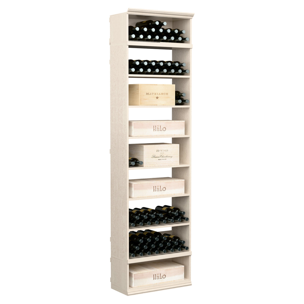 White-finished wine storage cabinet with open cubbies and tiered wine bottle display
