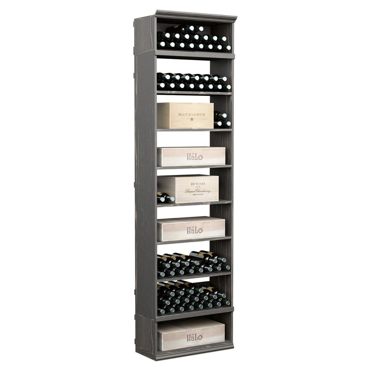 Gray rectangular wine and case bin cabinet with open shelves for bottles and cases