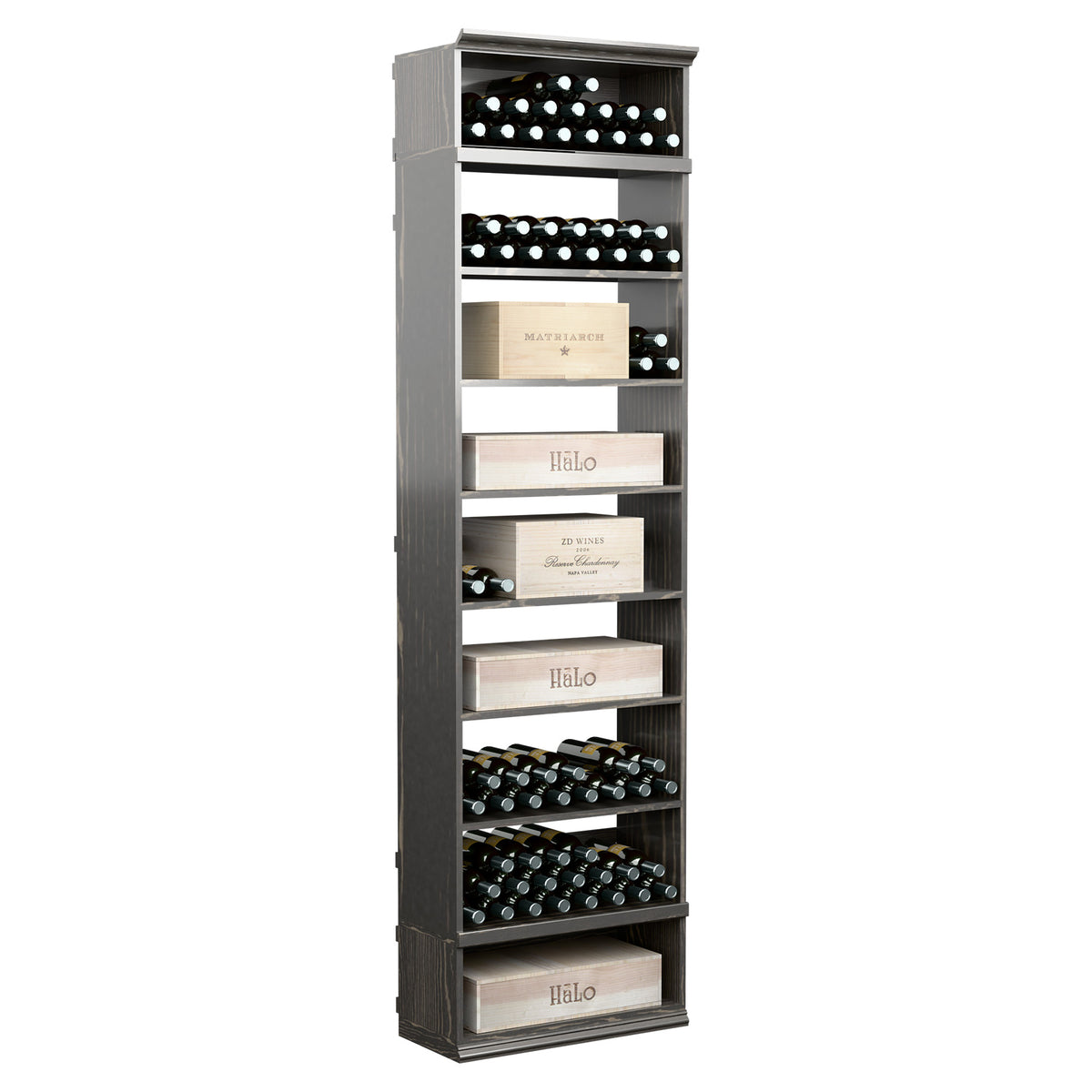 Gray rectangular wine and case bin with bottle slots on upper and lower shelves