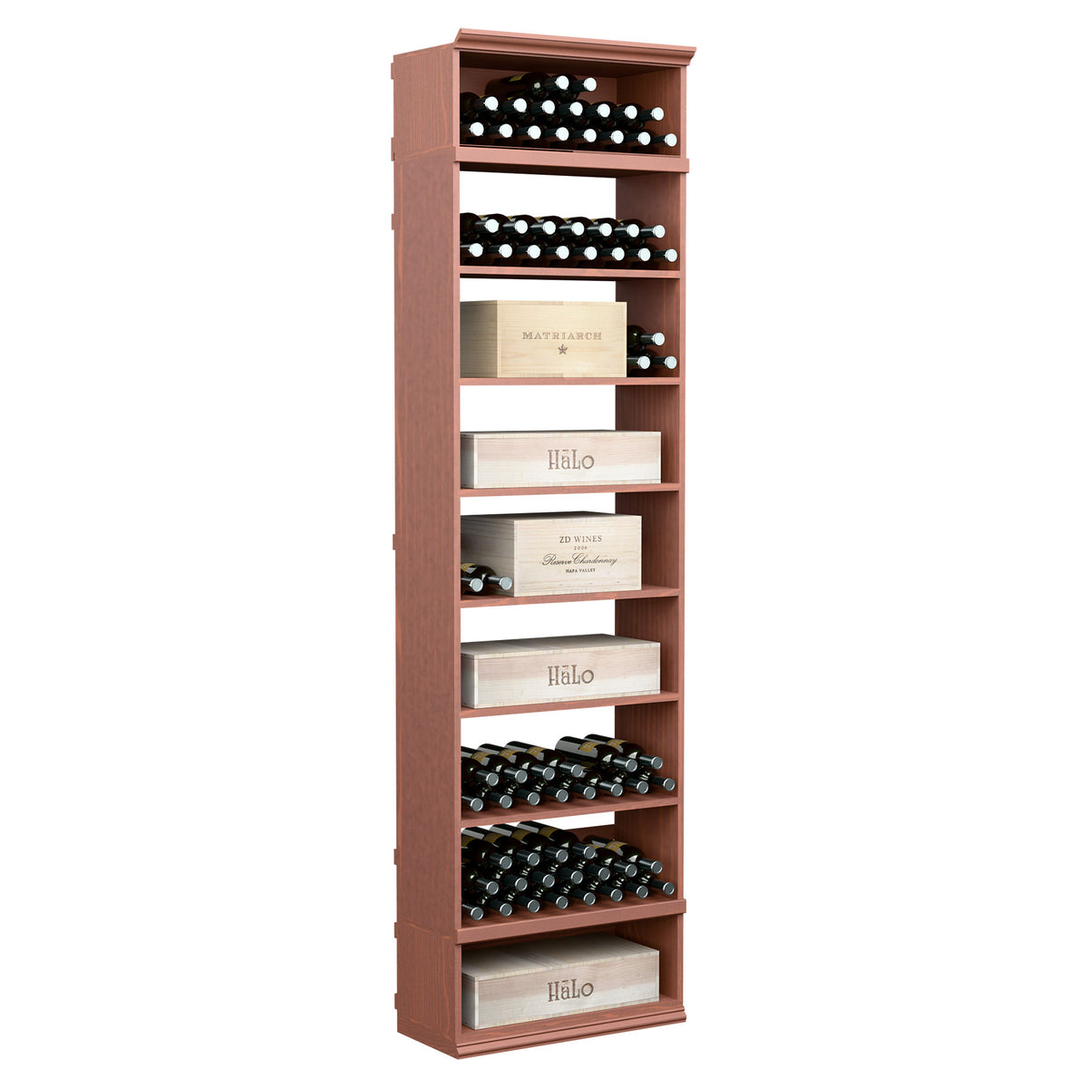Redwood rectangular wine and case bin cabinet with open shelves and wine bottle storage