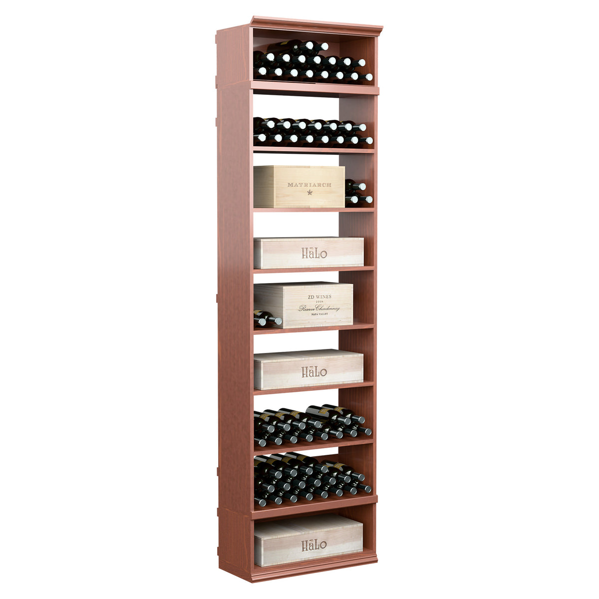 Red rectangular wine and case bin with stacked shelves for bottles and wine cases