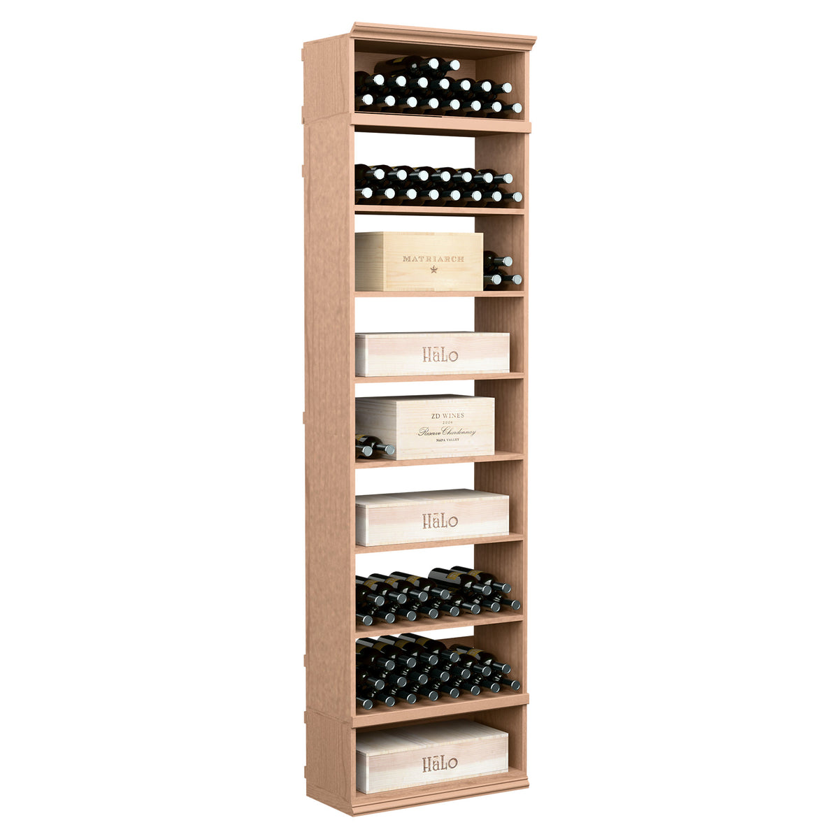 Light wood rectangular wine and case bin cabinet with open shelves for wine bottles