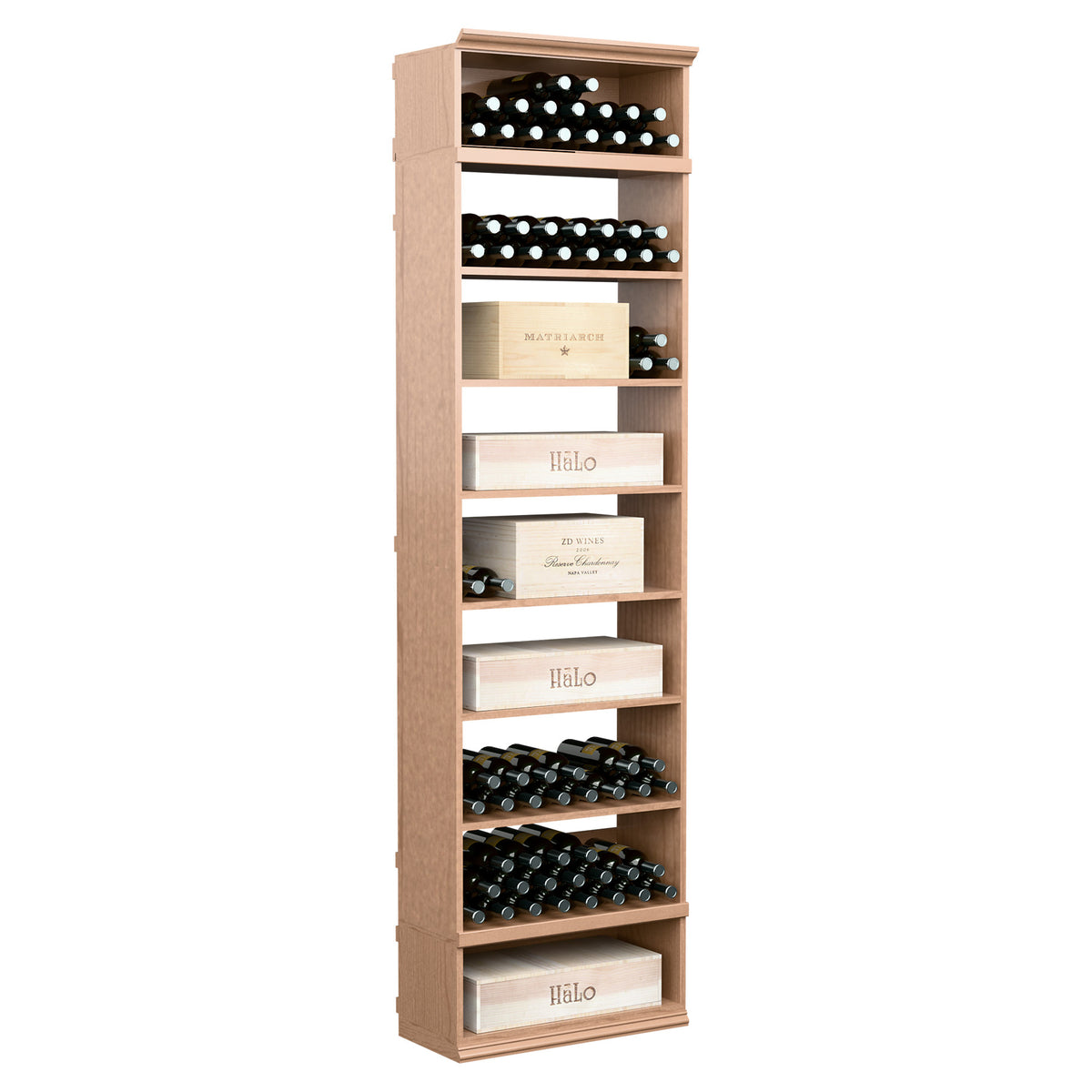 Natural light wood wine and case bin cabinet with bottle slots across multiple shelves
