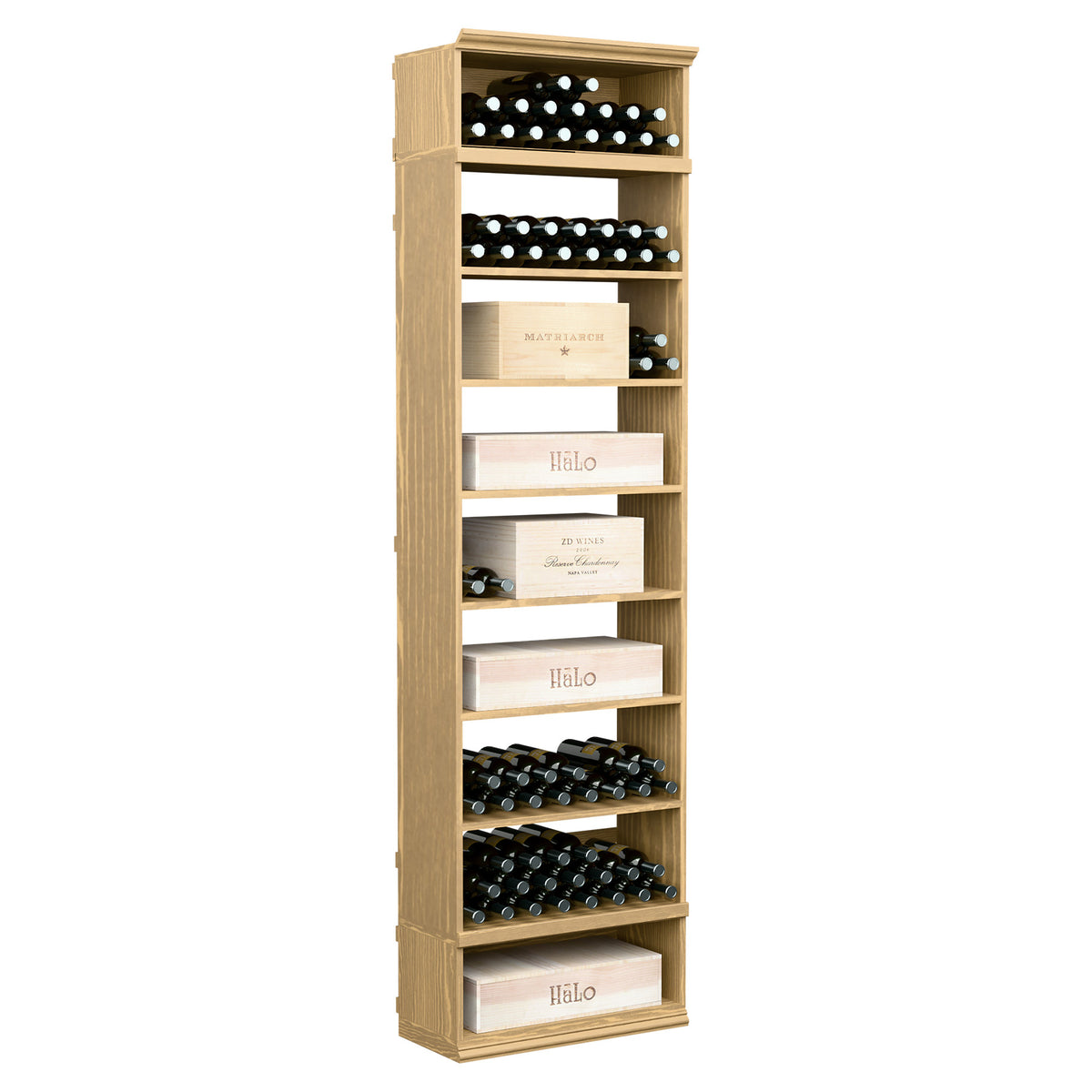 Natural wood rectangular wine and case bin with bottle storage shelves and drawers