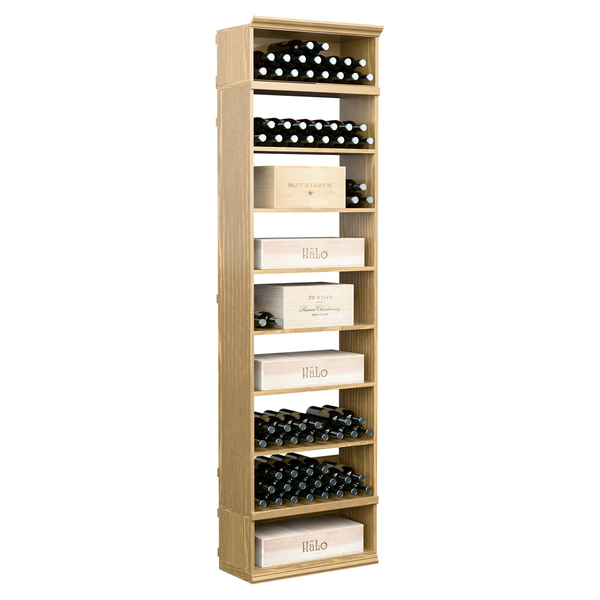 Light natural wood rectangular wine and case bin with open shelving for wine bottles