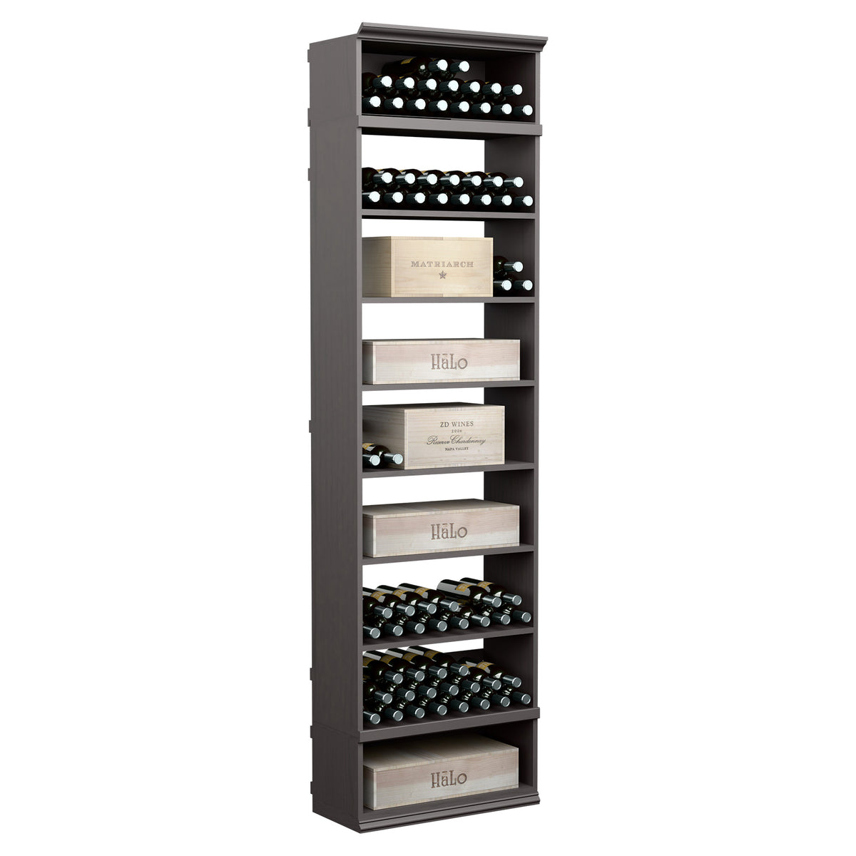 Dark gray rectangular wine and case bin cabinet with bottle racks and open shelves