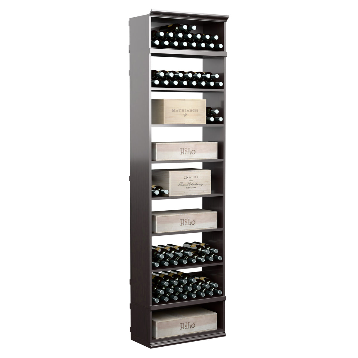 Dark gray rectangular wine and case bin with multiple shelves for wine bottles and cases