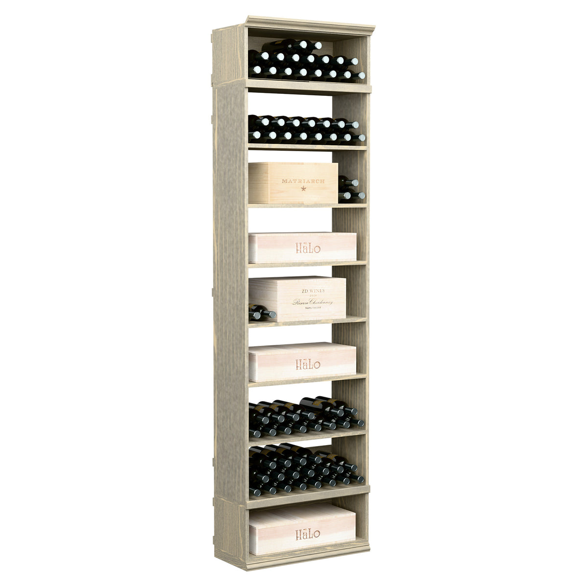 Rectangular wine and case storage bin cabinet with open shelves and wine bottle rows