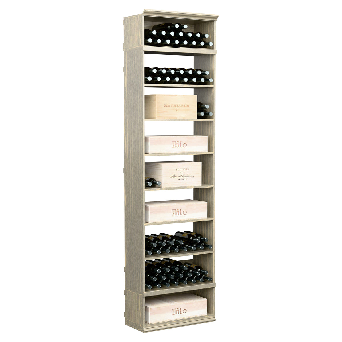 Rectangular wine and case storage bin cabinet in light gray with open bottle shelves