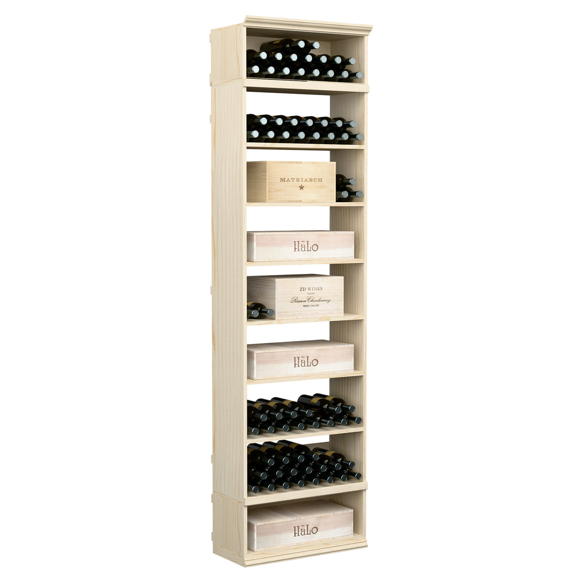 Rectangular wine and case storage bin cabinet in pale white finish with open shelves