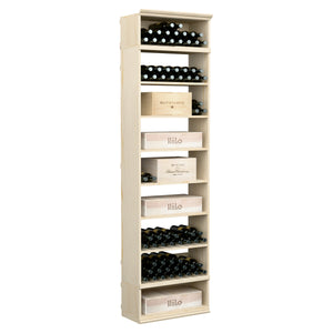 Rectangular wine and case storage bin cabinet in pale white finish with open shelves