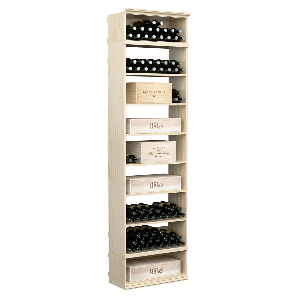 Rectangular wine and case storage bin cabinet in light white finish with stacked bottle racks