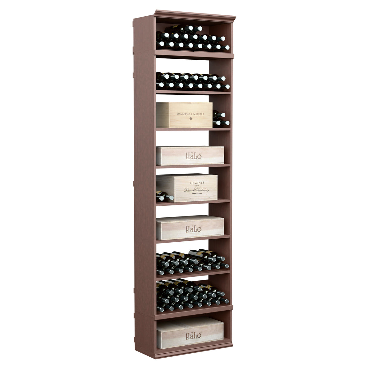 Rectangular wine and case storage bin cabinet in dark brown with open shelves for bottles