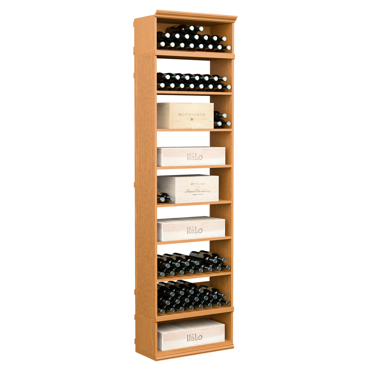 Rectangular wine and case storage bin cabinet in light tan wood with open bottle shelves