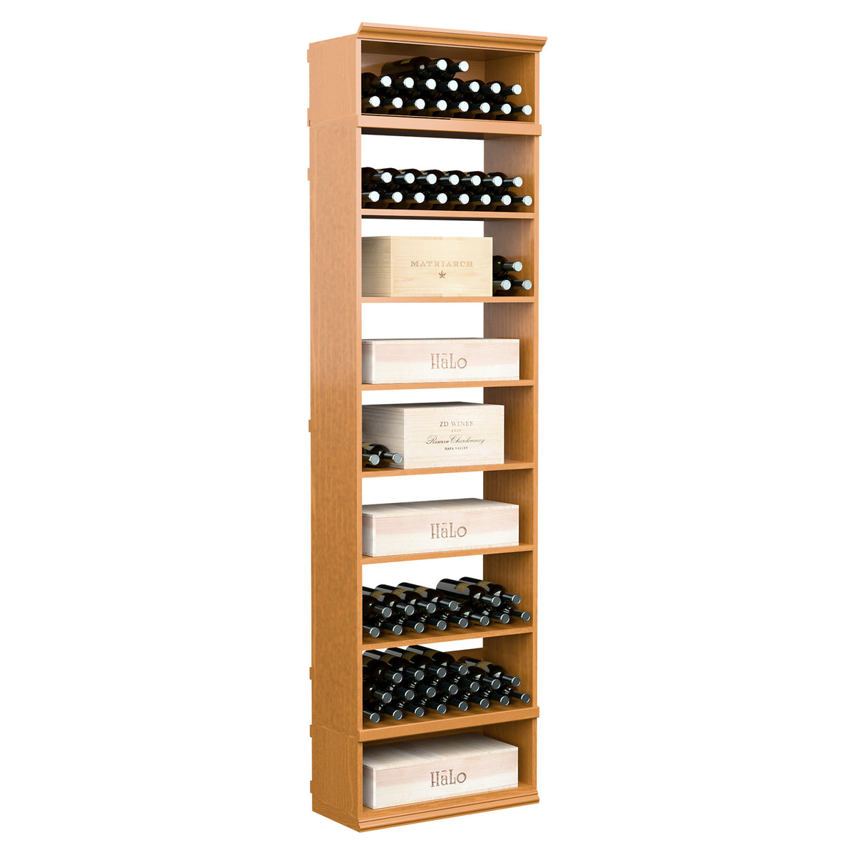 Rectangular wine and case storage bin cabinet in honey tan wood with open shelves