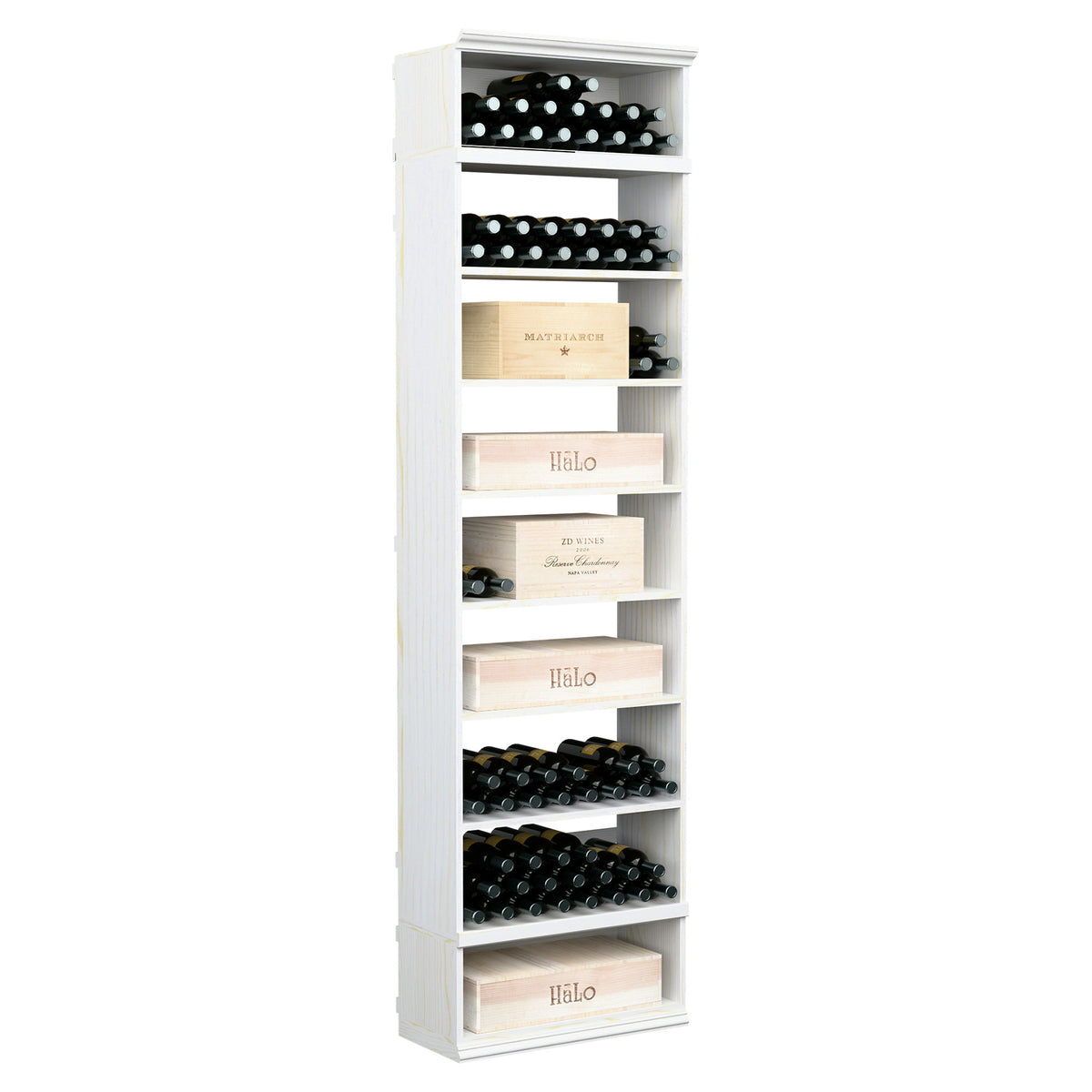 Rectangular wine and case storage bin cabinet in white finish with open wine bottle racks