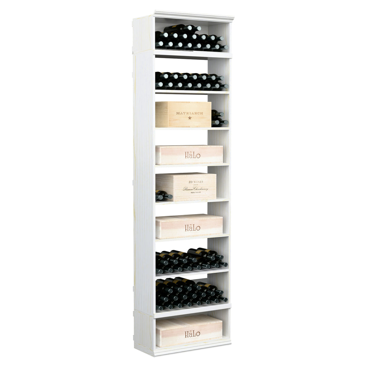 Rectangular wine and case storage bin cabinet in bright white finish with open bottle shelves