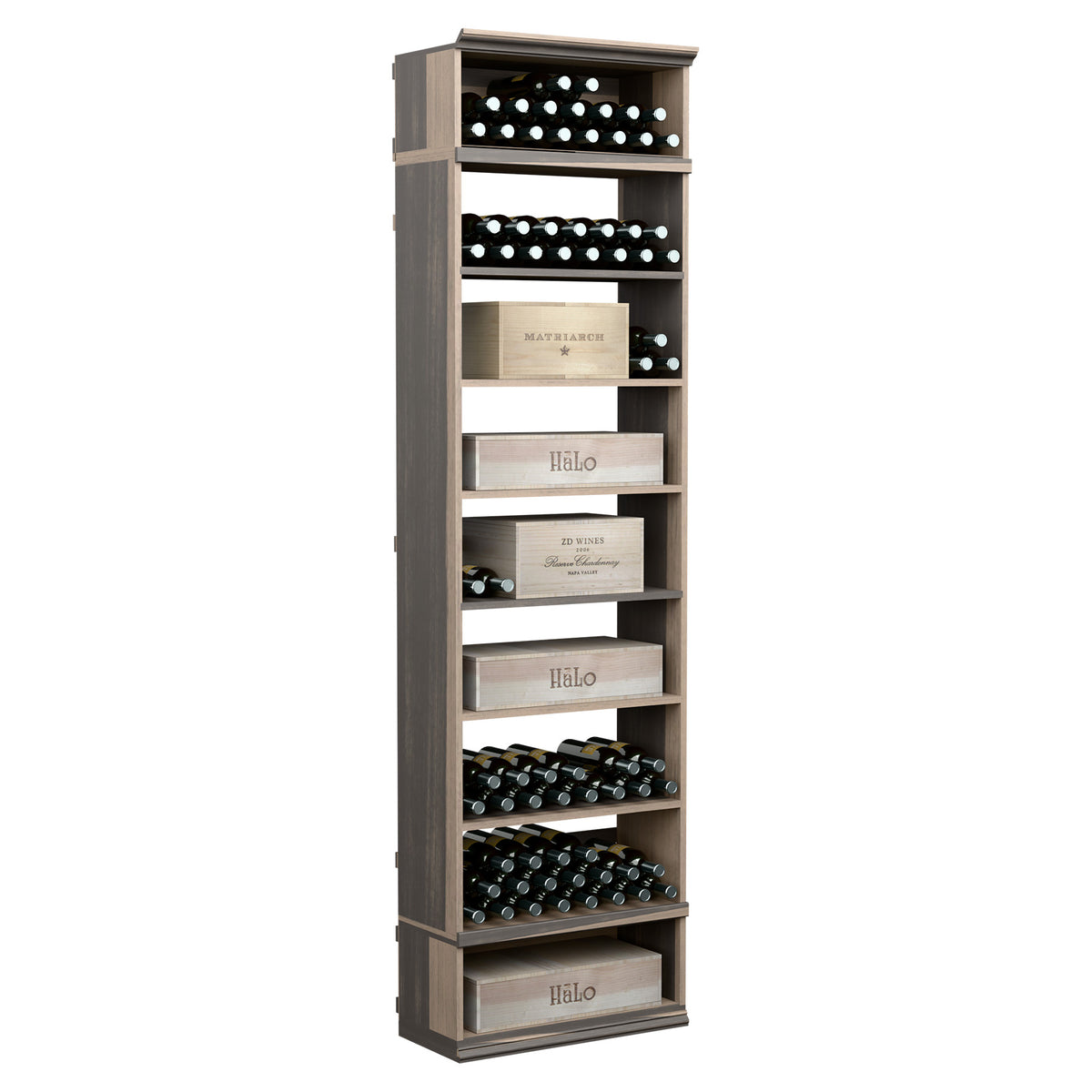 8ft rectangular wine storage cabinet with dark frame, bottle racks, and open shelves