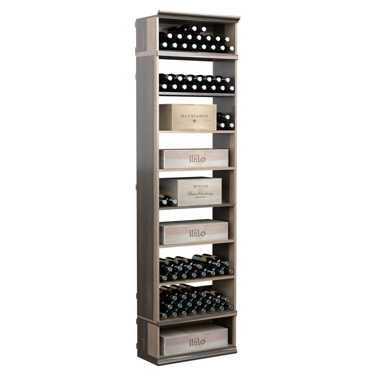 8ft rectangular wine storage cabinet with dark gray frame, bottle racks, and shelves
