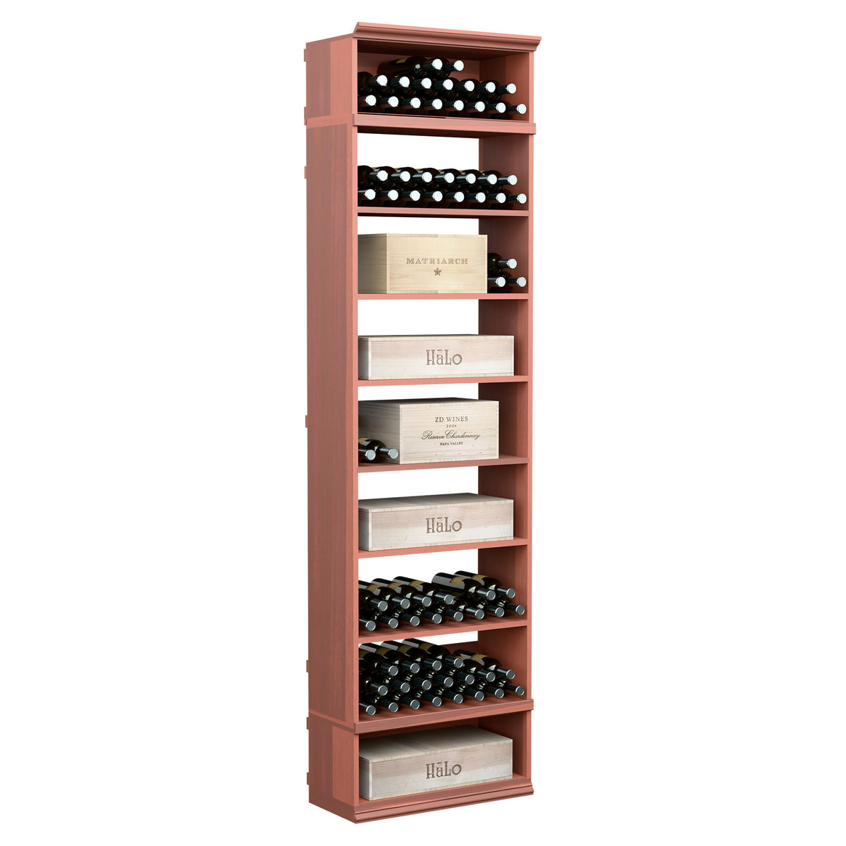 8ft rectangular wine storage cabinet with red frame, bottle racks, and open shelves