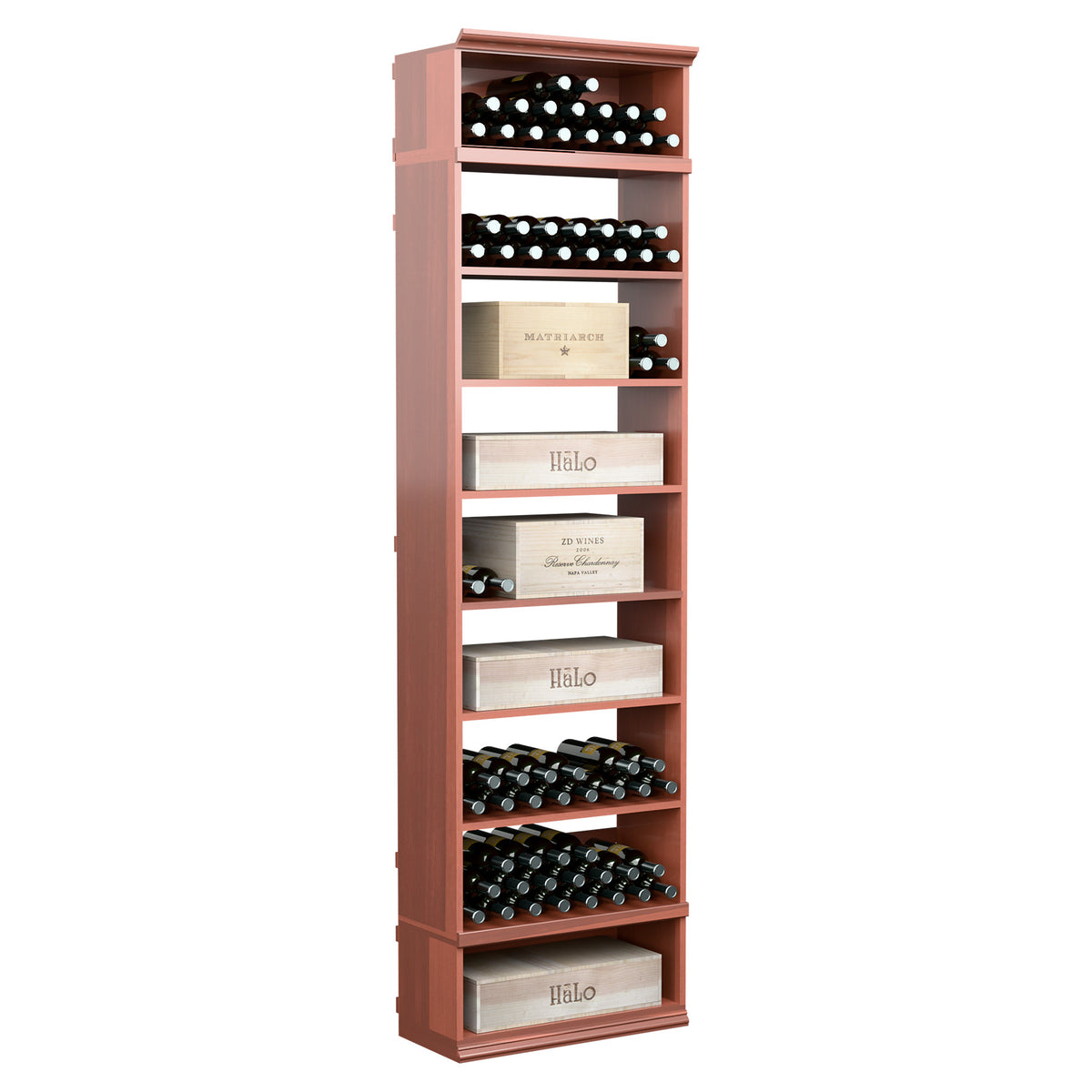 8ft rectangular wine storage cabinet with terracotta frame, bottle racks, and shelves