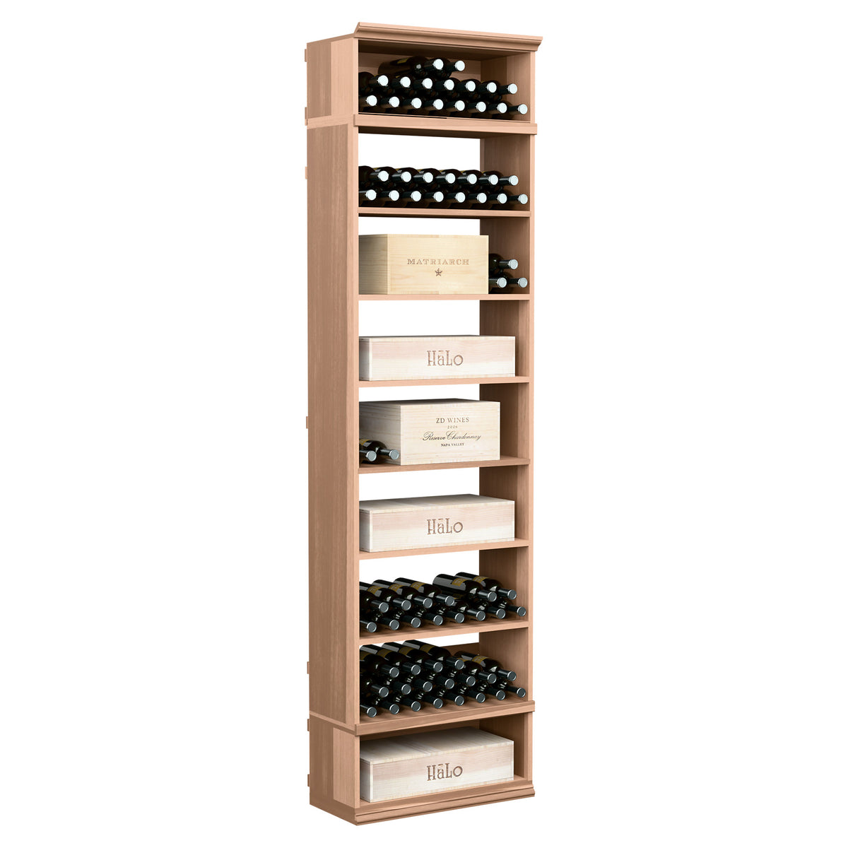 8ft rectangular wine storage cabinet with light wood frame, bottle racks, and shelves