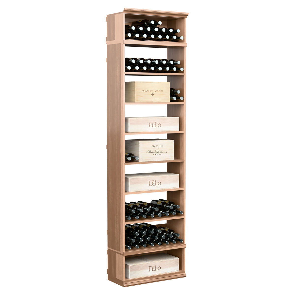 8ft rectangular wine storage cabinet with pale wood frame, bottle racks, and open shelves