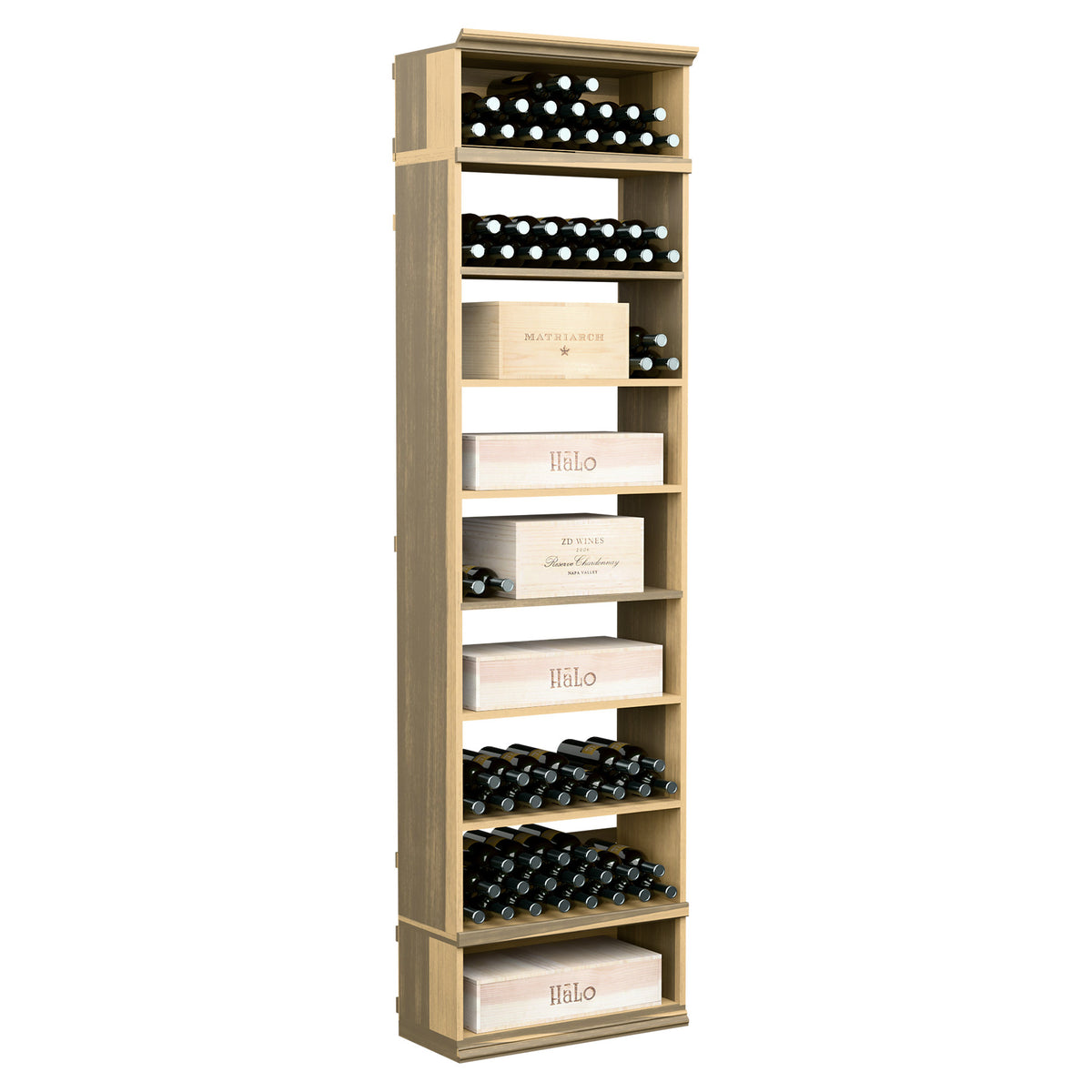 8ft rectangular wine storage cabinet with natural wood frame, bottle racks, and shelves