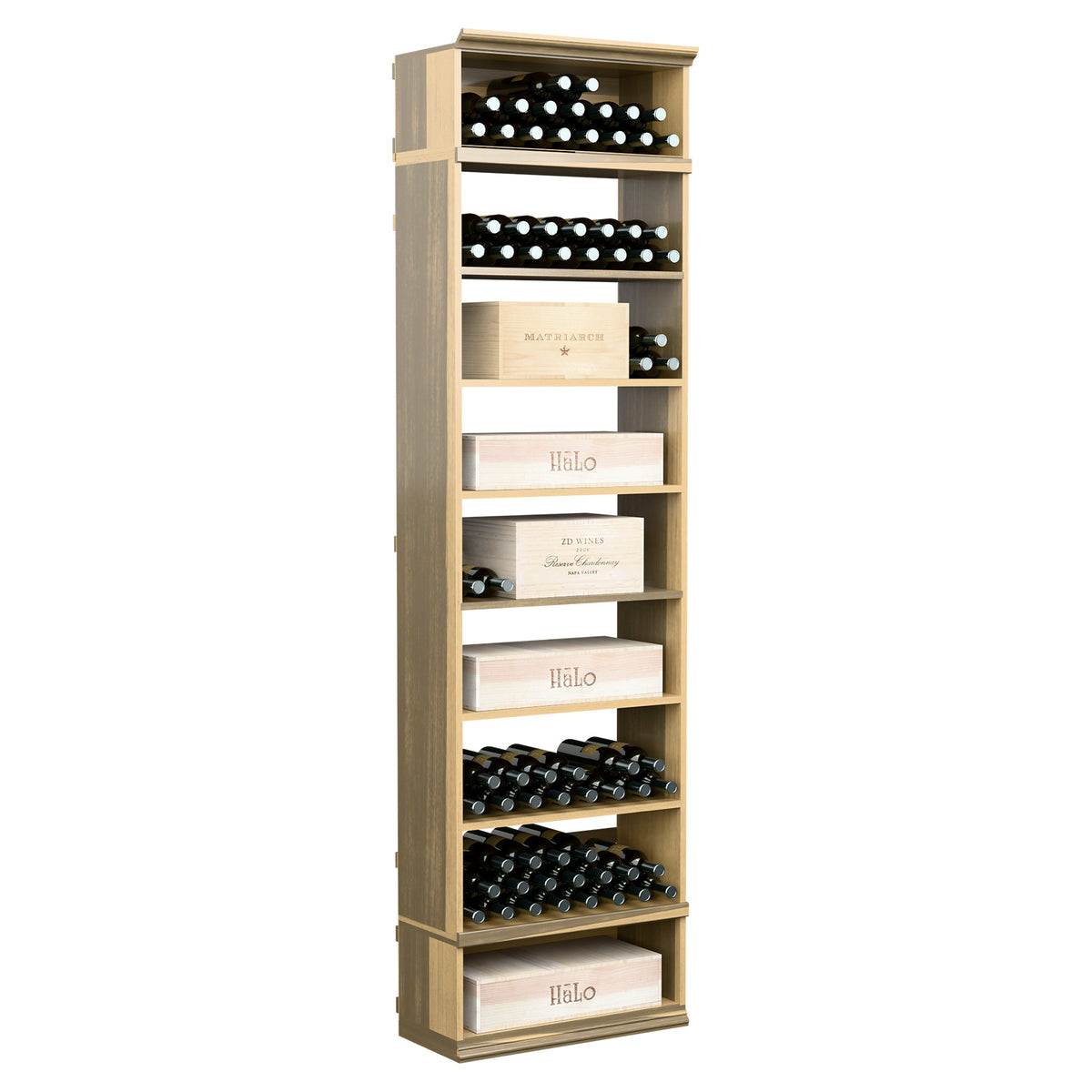 8ft rectangular wine storage cabinet with light wood frame, bottle racks, and stacked shelves