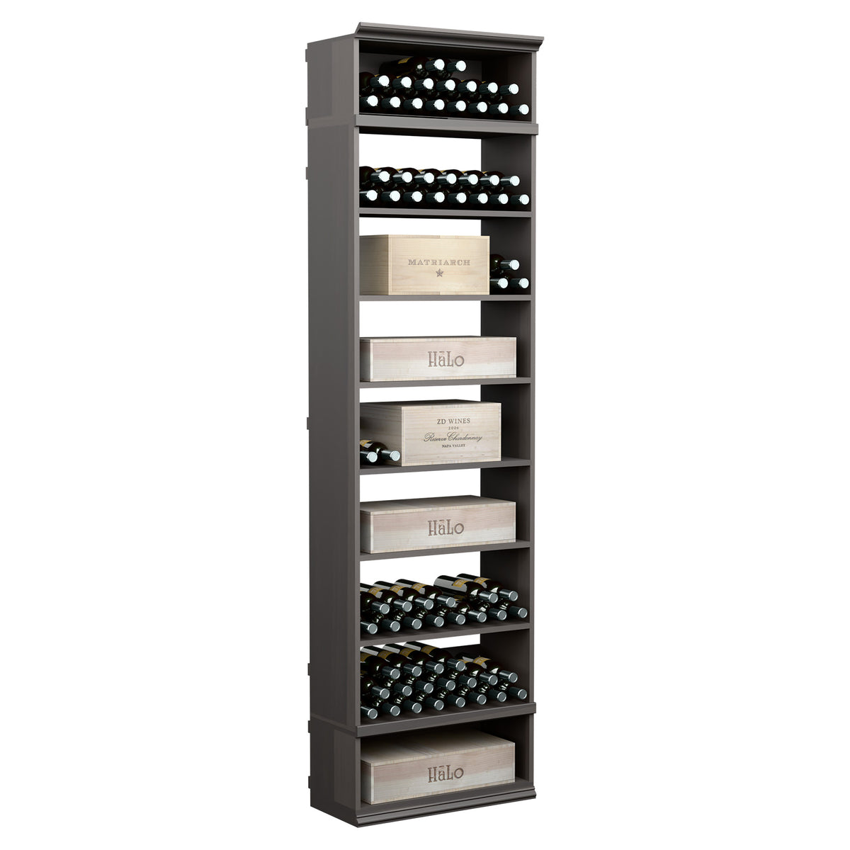 8ft rectangular wine storage cabinet with charcoal frame, bottle racks, and open shelves