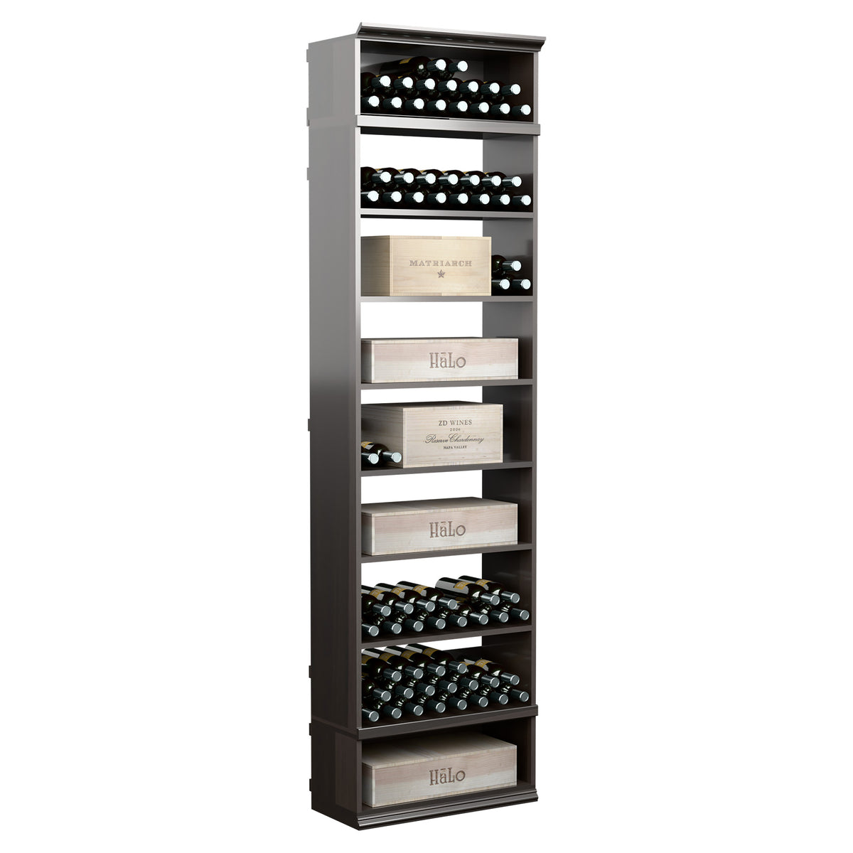 8ft rectangular wine storage cabinet with dark charcoal frame, bottle racks, and shelves