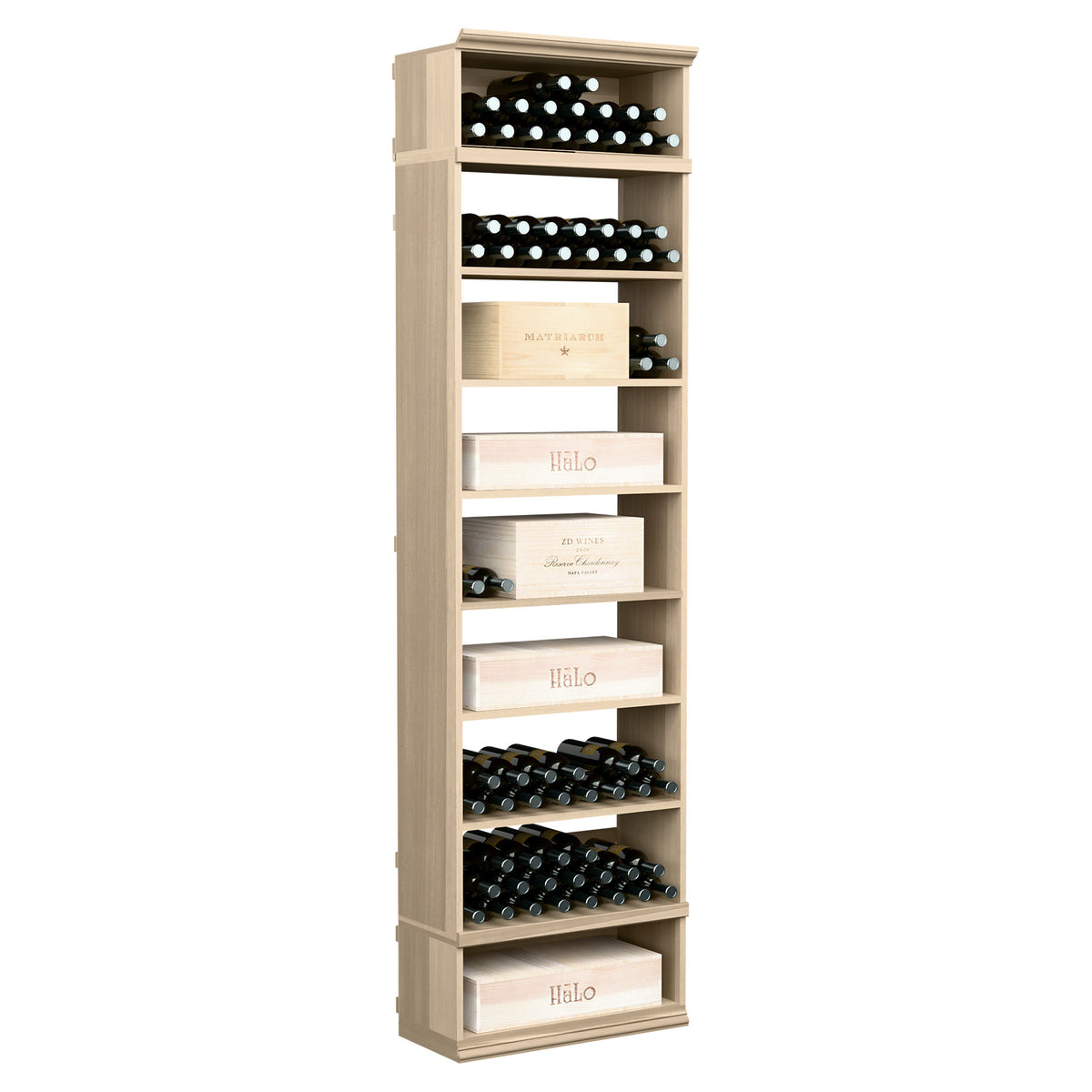 Wine and case storage cabinet, light gray with bottle racks and open display shelves