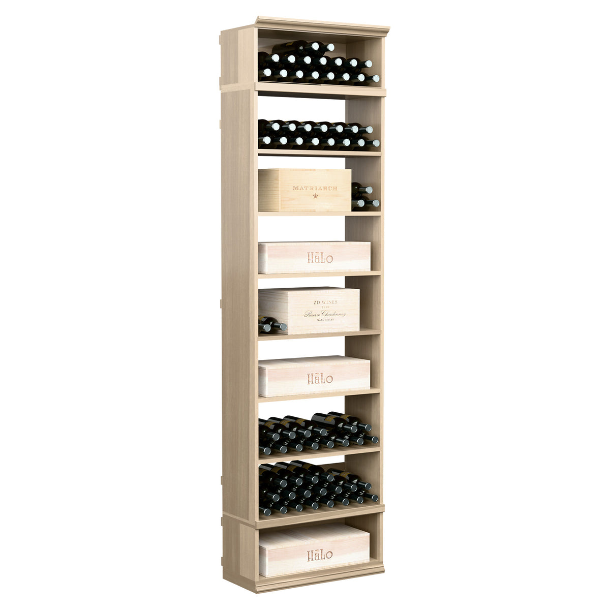 Wine and case storage cabinet, tall light gray wood with stacked wine bottle slots