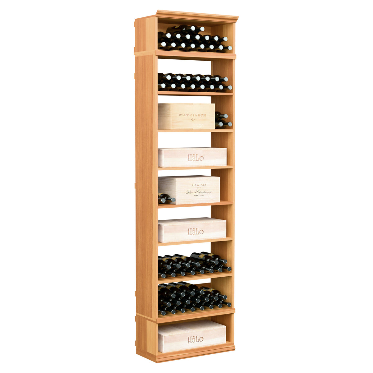 Wine and case storage cabinet, natural wood with rows of wine bottle holders and shelves