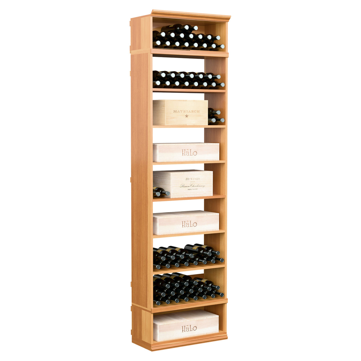 Wine and case storage cabinet, warm natural wood with open shelves and bottle rack rows