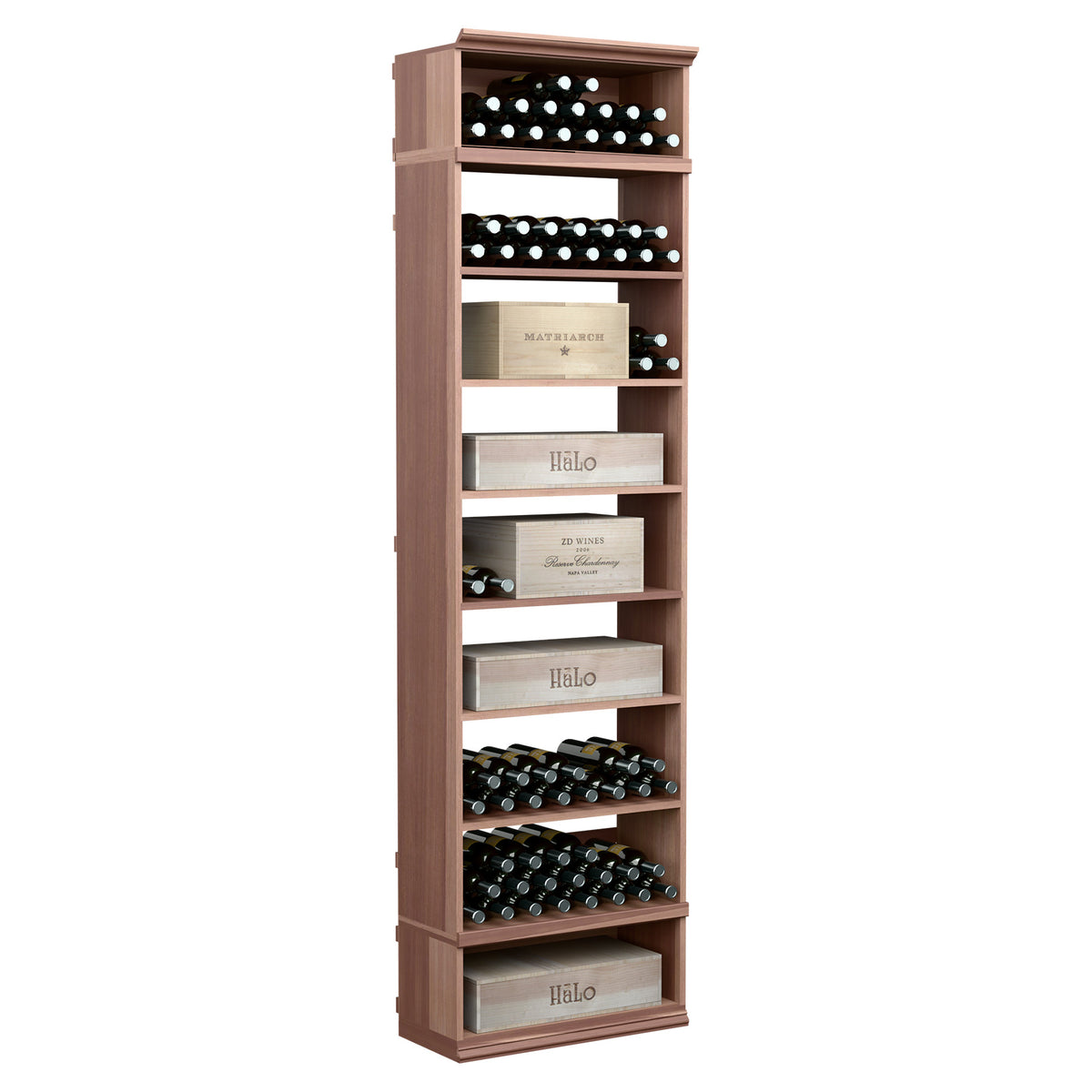 Wine and case storage cabinet, espresso-toned wood with wine bottle racks and cubby shelves