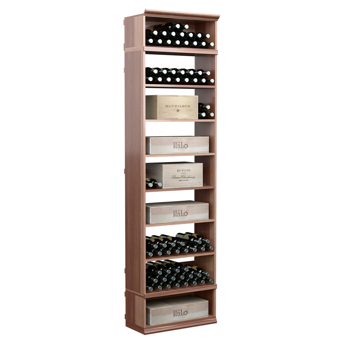 Wine and case storage cabinet, dark brown wood with multiple wine bottle rows and open cubbies