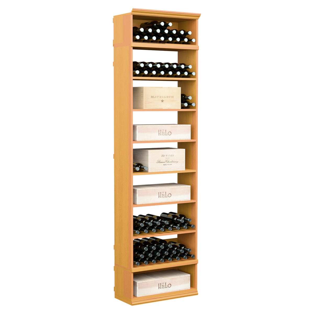 Wine and case storage cabinet, light honey wood with stacked bottle slots and display shelves