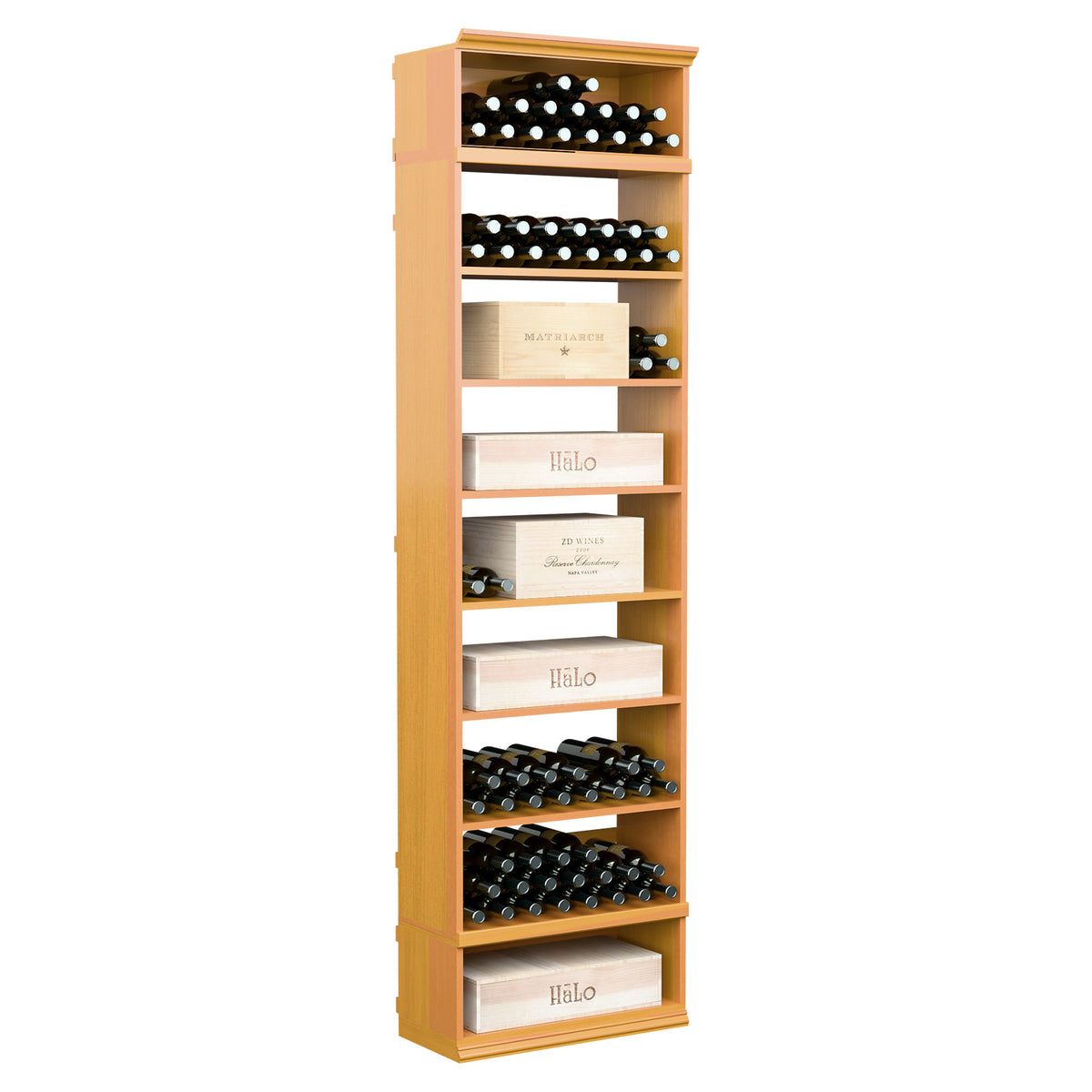 Wine and case storage cabinet, golden wood with bottle racks and open shelving compartments