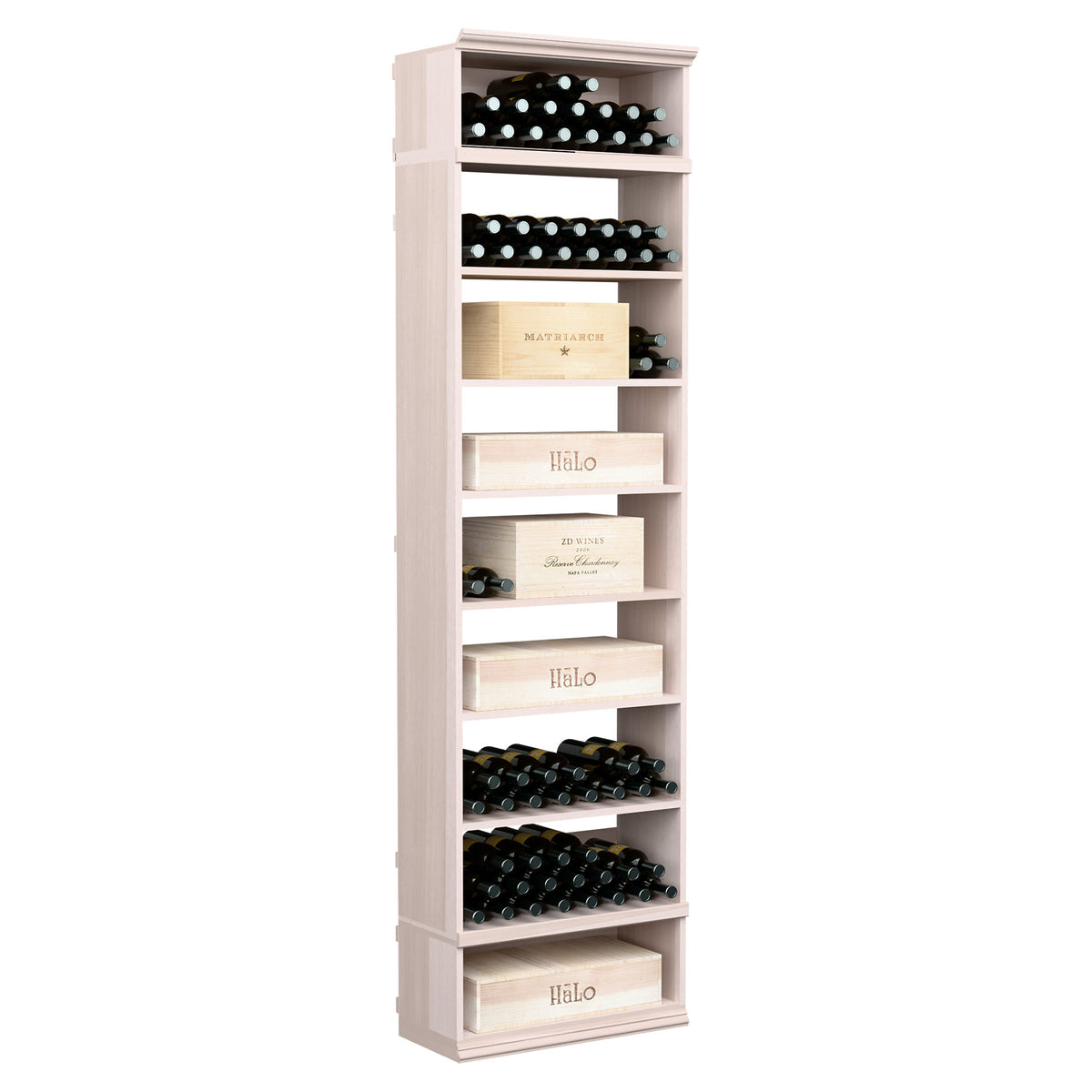 Wine and case storage cabinet, white-washed wood with bottle holders and open shelf cubbies