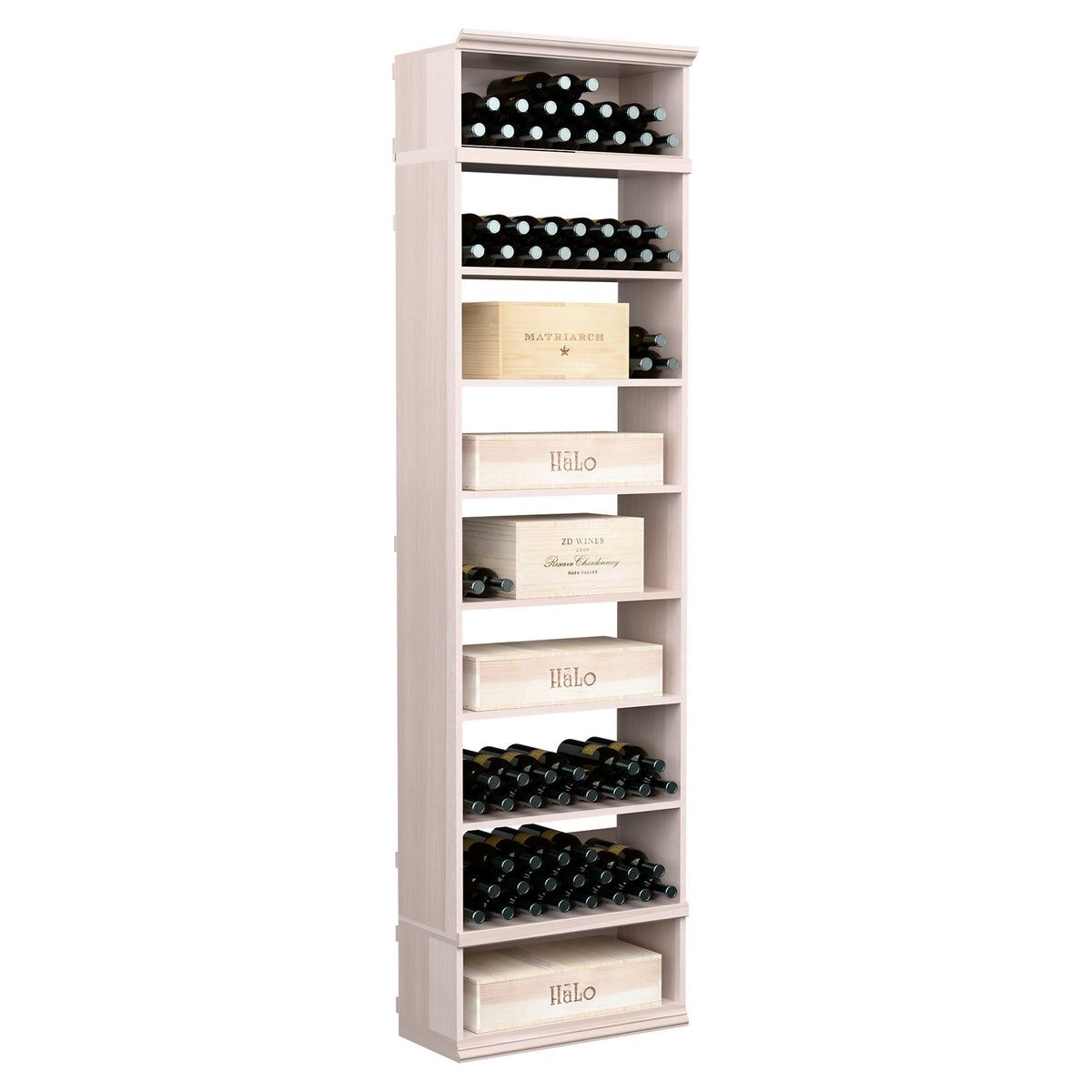 Wine and case storage cabinet, white wood finish with rows of wine bottle racks and shelves