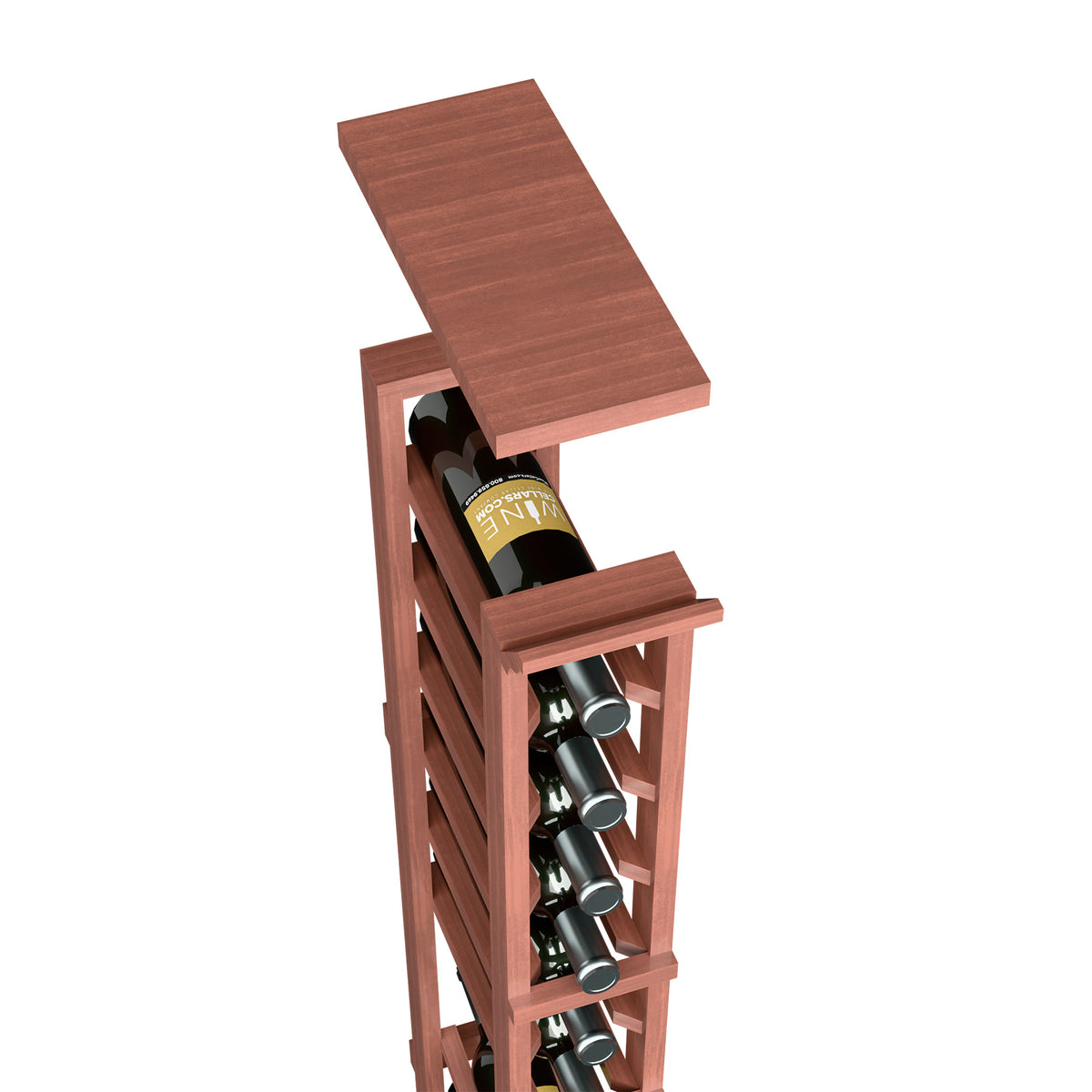 1-column wine rack top shelf in warm red-brown wood, stacked wine bottle openings